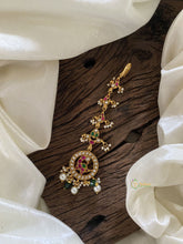 Gold Alike Elevated Red - Green Peacock With White - Red Kili and Mini Pearls and Beads Shringar Patti - J2054